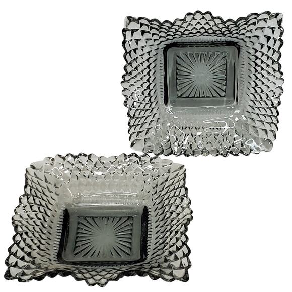 Vtg 1970s Federal Glass Smokey Trinket Candy Dish Diamond Cut Square Decorative - Picture 1 of 8